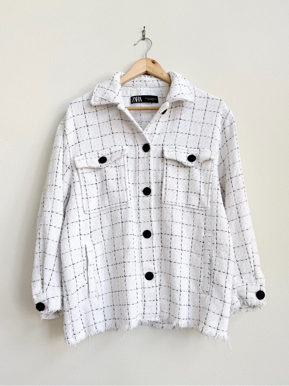 Zara White Tweed Plaid Checked Jacket - Size M